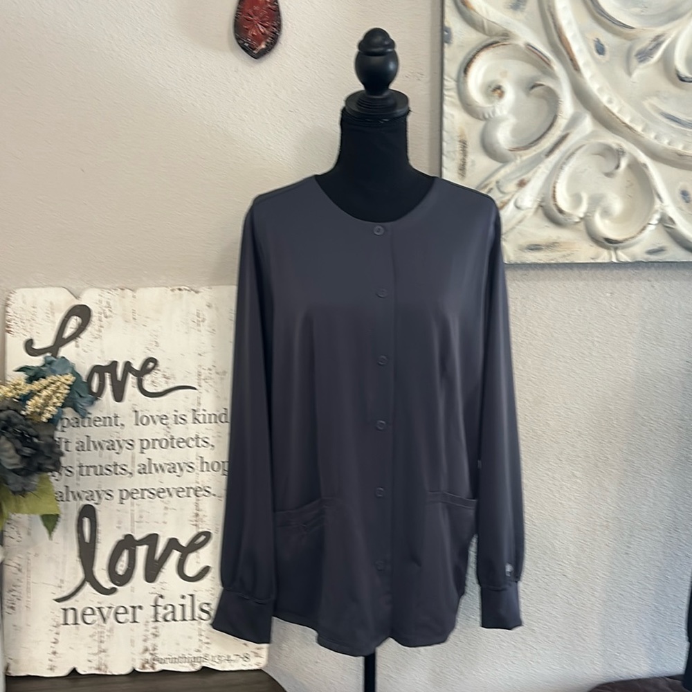 Healing hands snap button front scrub jacket